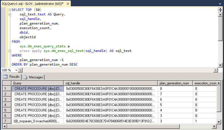 DMV query identifying query plans with excessive compiles