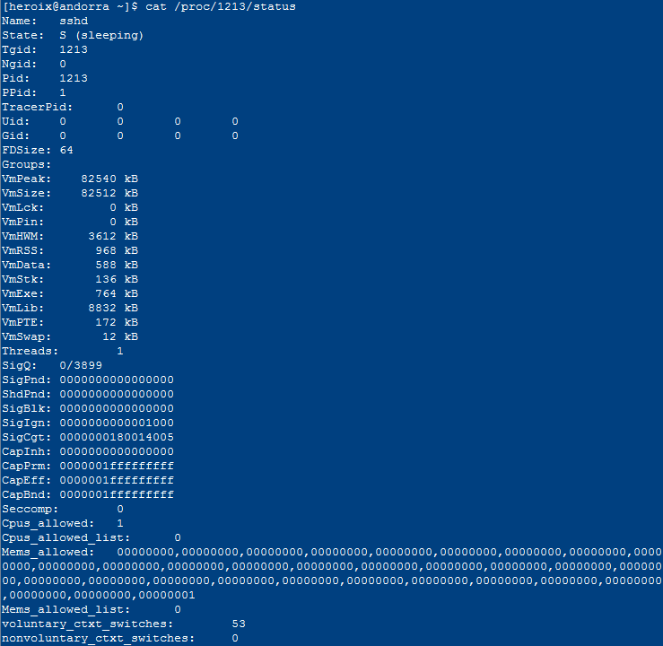 process level performance metrics for pid = 1213 from /proc/1213/status